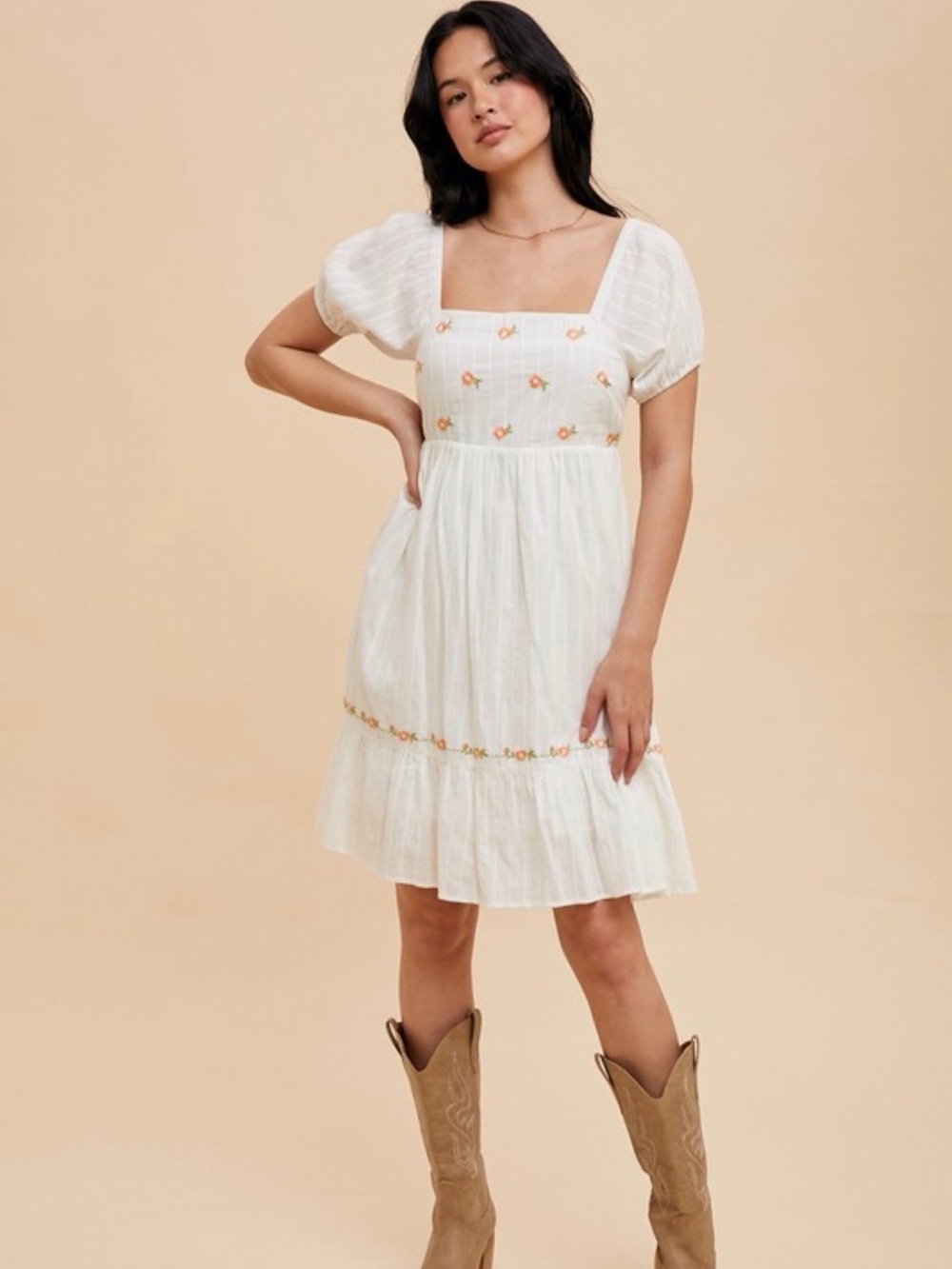 In Loom Cream Square-Neck Embroidered Midi Dress